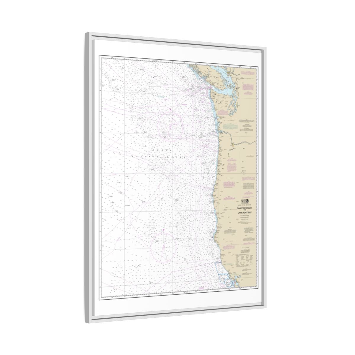 Chart 18007 San Francisco to Cape Flattery - NOAA Nautical Chart Floating Frame Canvas | 24" x 32" | 30" x 40" - White side