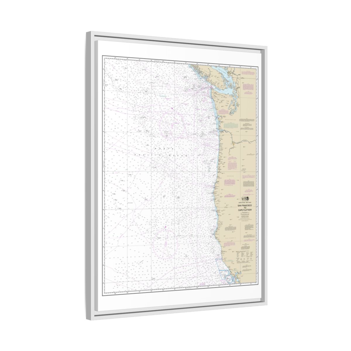 Chart 18007 San Francisco to Cape Flattery - NOAA Nautical Chart Floating Frame Canvas | 24" x 32" | 30" x 40" - White side