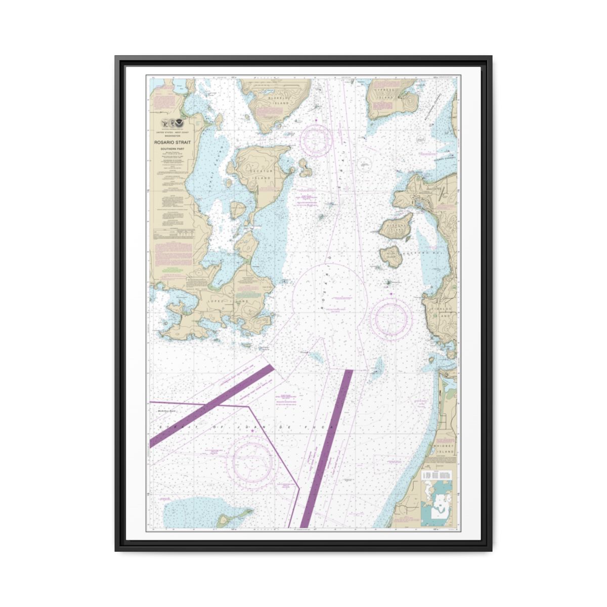 Chart 18429 Rosario Strait-southern part - NOAA Nautical Chart Floating Frame Canvas | 24" x 32" | 30" x 40" - Black front