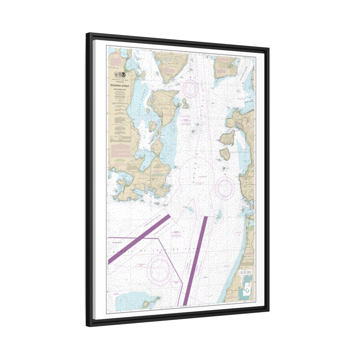 Chart 18429 Rosario Strait-southern part - NOAA Nautical Chart Floating Frame Canvas | 24" x 32" | 30" x 40" - Black side