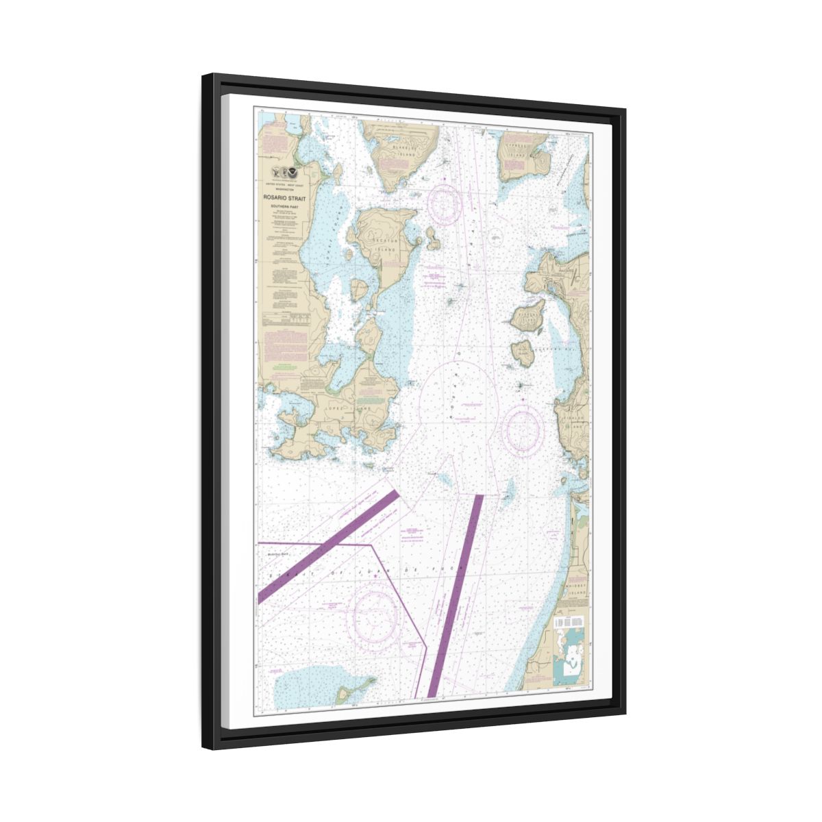 Chart 18429 Rosario Strait-southern part - NOAA Nautical Chart Floating Frame Canvas | 24" x 32" | 30" x 40" - Black side