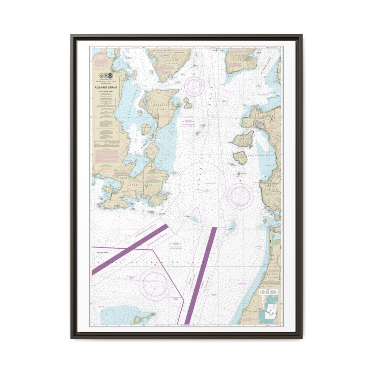 Chart 18429 Rosario Strait-southern part - NOAA Nautical Chart Floating Frame Canvas | 24" x 32" | 30" x 40" - Espresso front