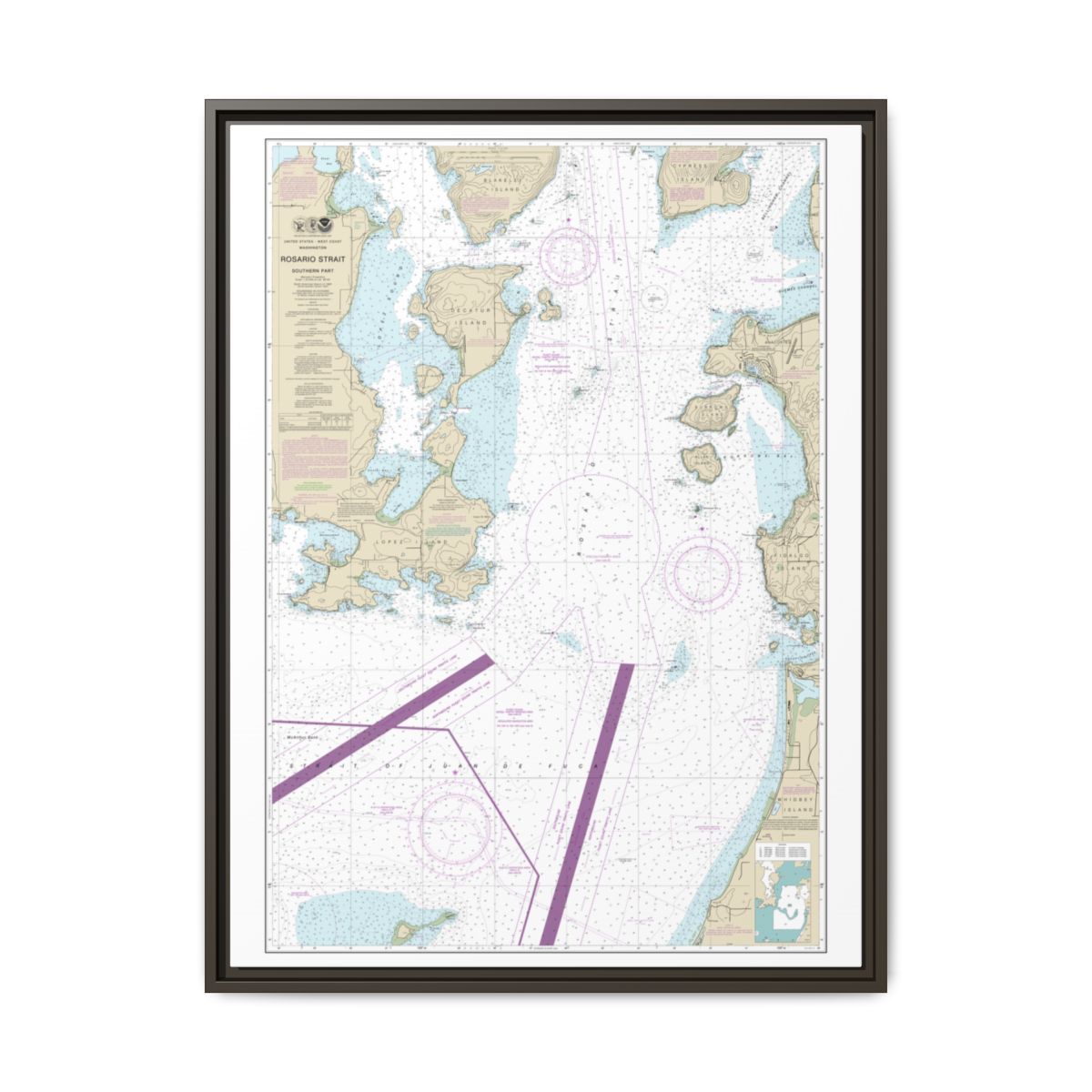 Chart 18429 Rosario Strait-southern part - NOAA Nautical Chart Floating Frame Canvas | 24" x 32" | 30" x 40" - Espresso front
