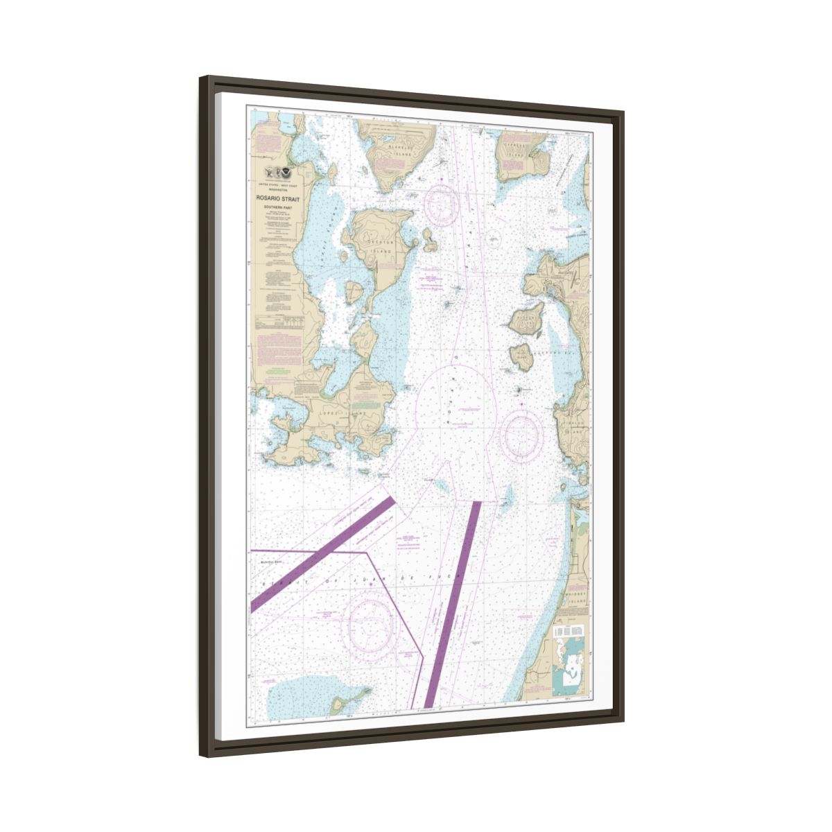 Chart 18429 Rosario Strait-southern part - NOAA Nautical Chart Floating Frame Canvas | 24" x 32" | 30" x 40" - Espresso side