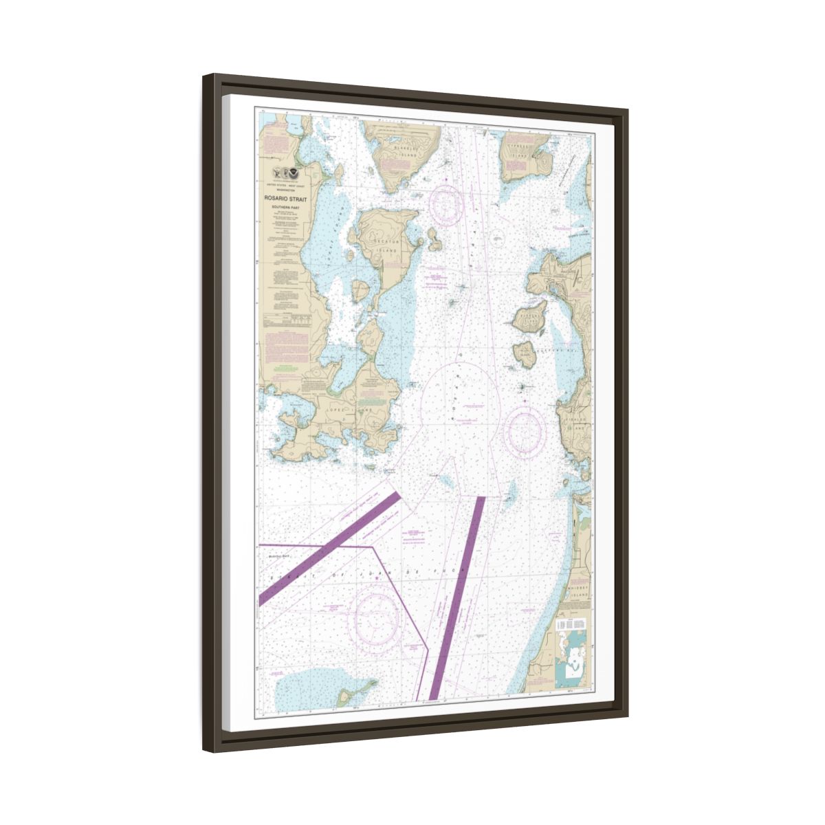 Chart 18429 Rosario Strait-southern part - NOAA Nautical Chart Floating Frame Canvas | 24" x 32" | 30" x 40" - Espresso side