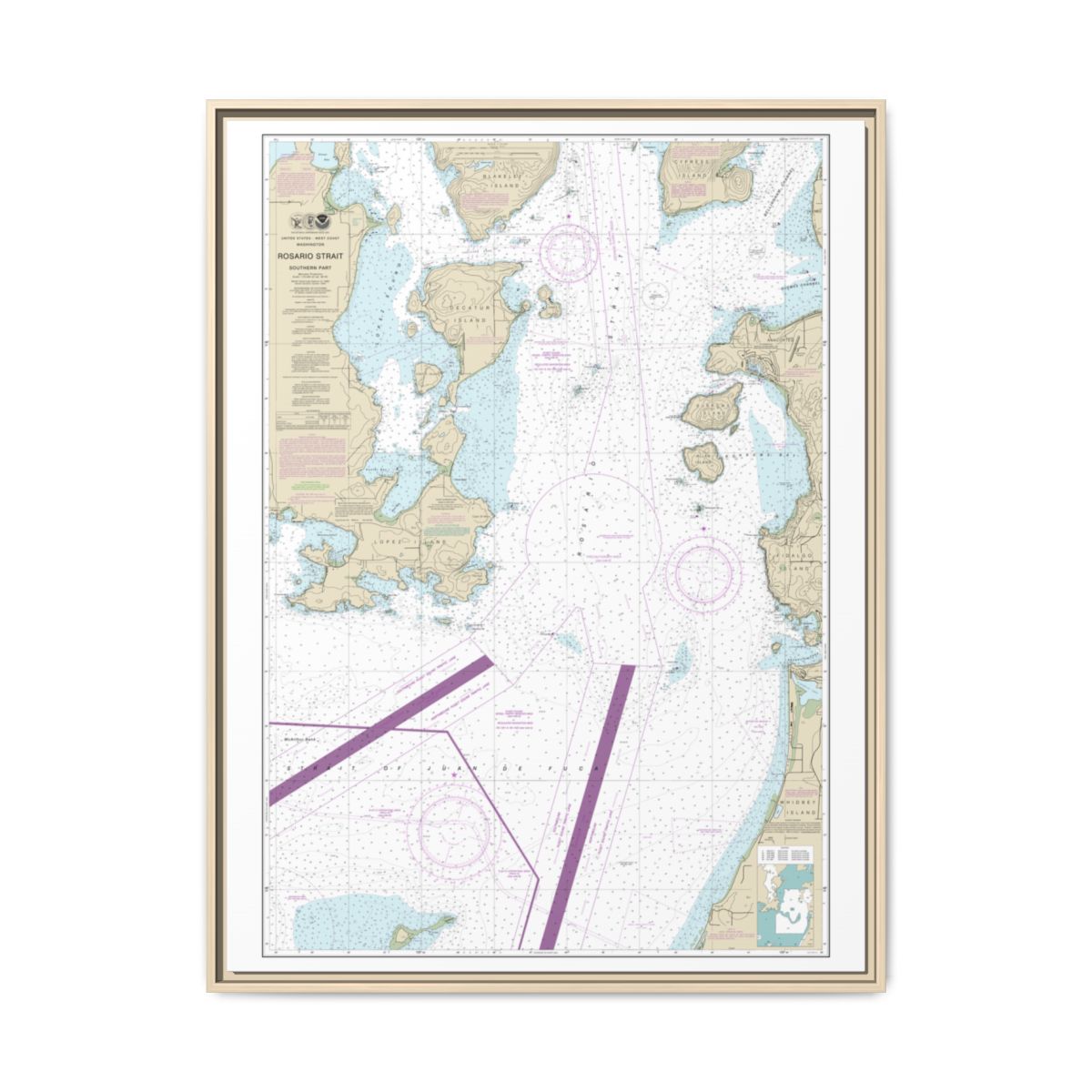 Chart 18429 Rosario Strait-southern part - NOAA Nautical Chart Floating Frame Canvas | 24" x 32" | 30" x 40" - Natural front