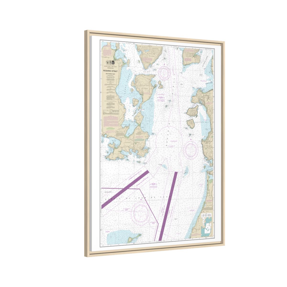 Chart 18429 Rosario Strait-southern part - NOAA Nautical Chart Floating Frame Canvas | 24" x 32" | 30" x 40" - Natural side