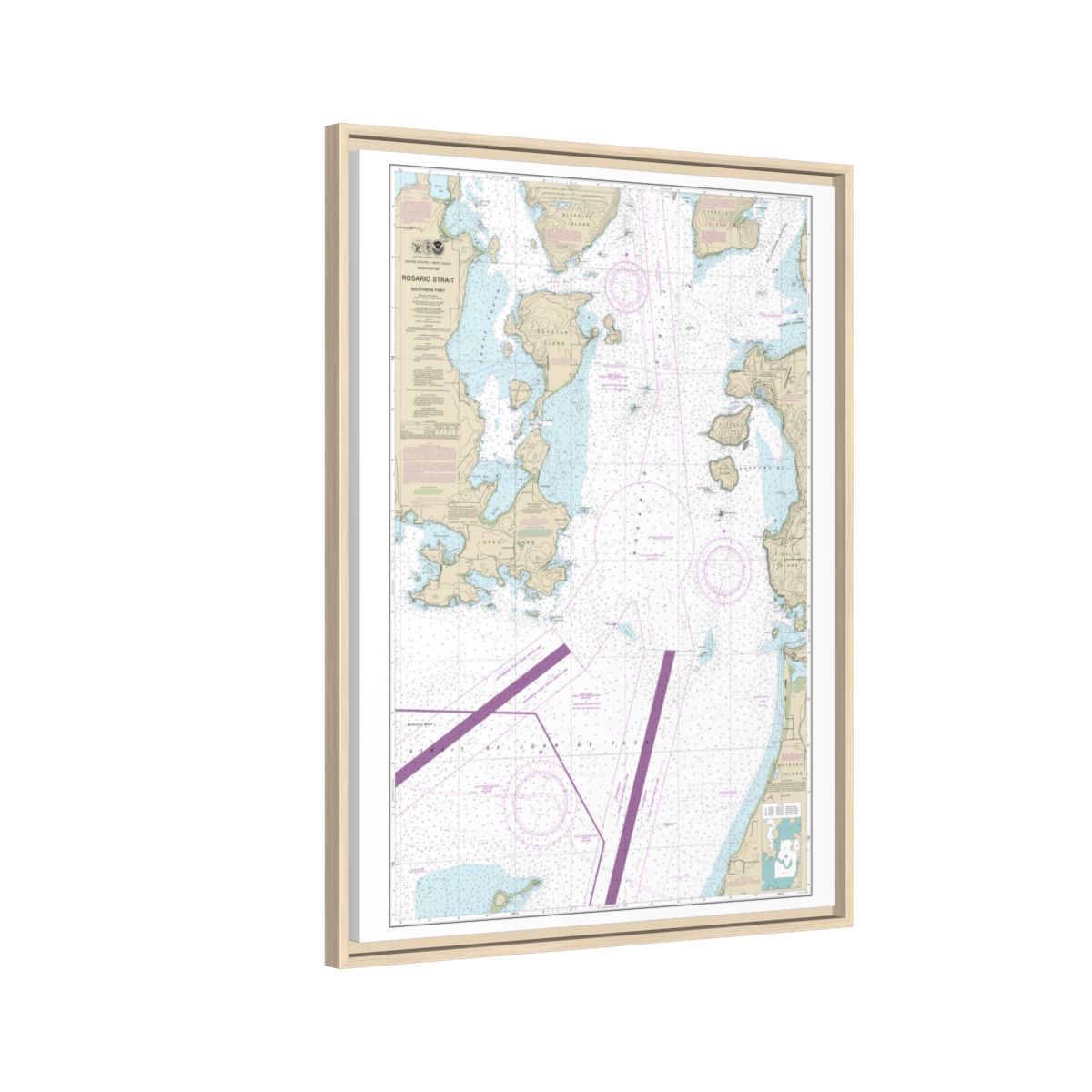 Chart 18429 Rosario Strait-southern part - NOAA Nautical Chart Floating Frame Canvas | 24" x 32" | 30" x 40" - Natural side