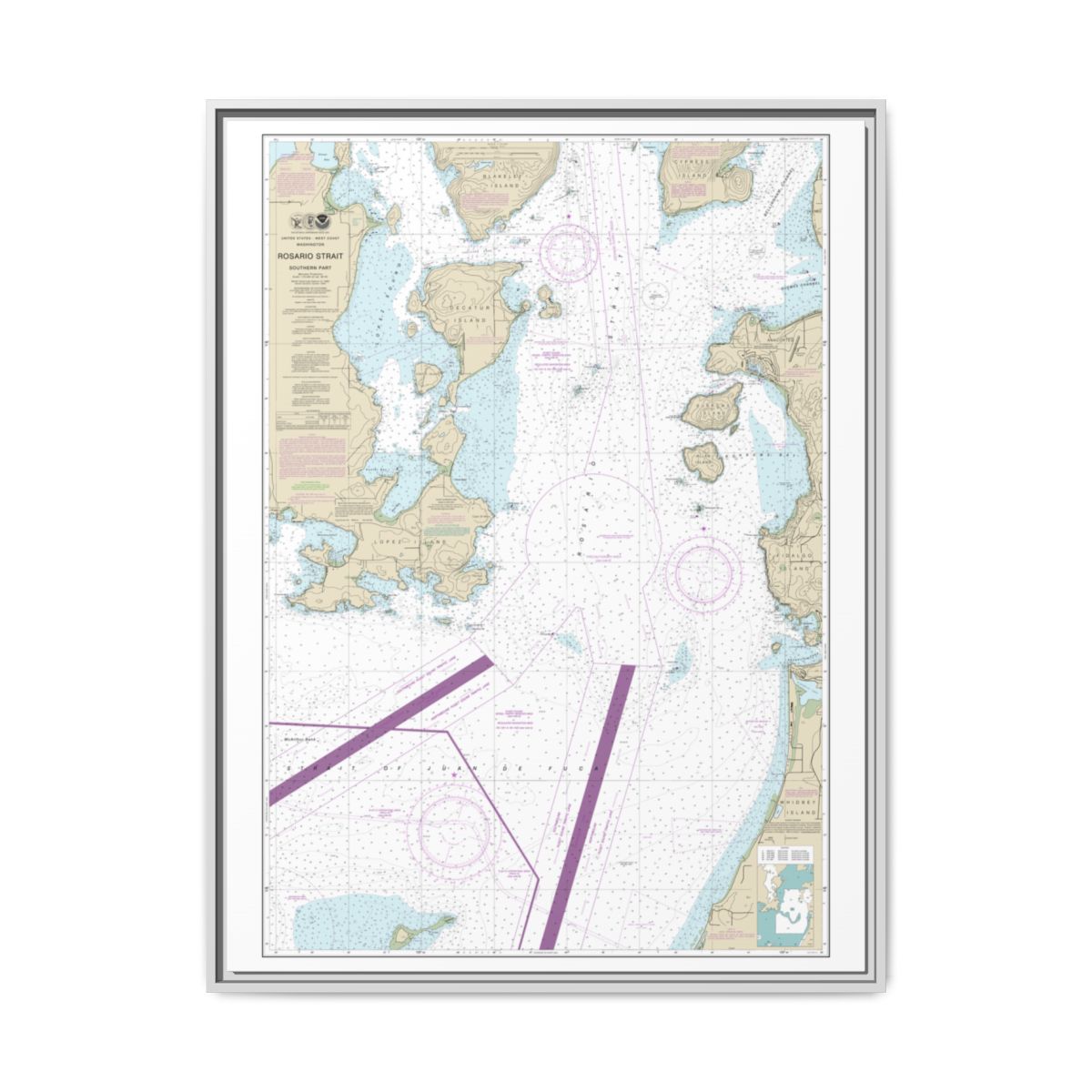 Chart 18429 Rosario Strait-southern part - NOAA Nautical Chart Floating Frame Canvas | 24" x 32" | 30" x 40" - White front