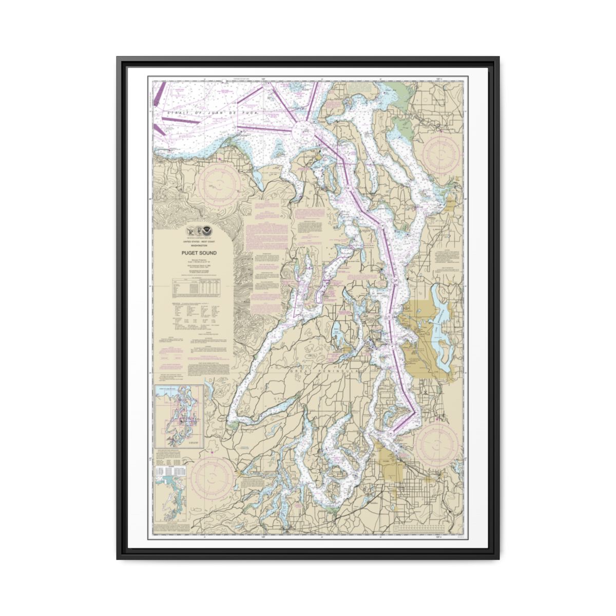 Chart 18440 Puget Sound - NOAA Nautical Chart Floating Frame Canvas | 24" x 32" | 30" x 40" - Black front