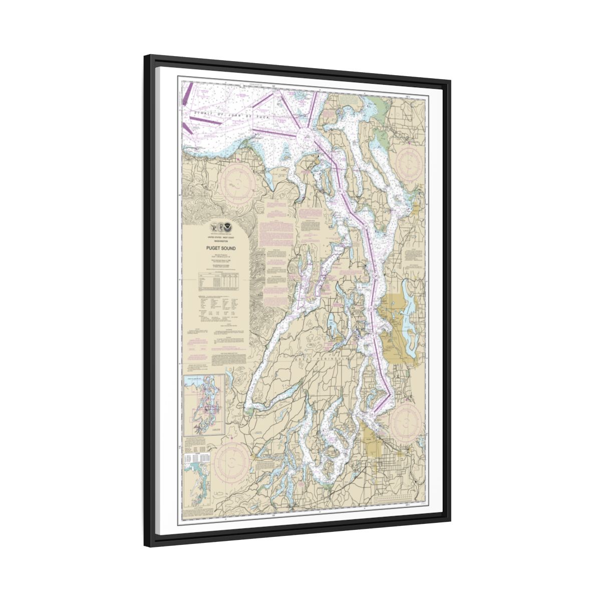 Chart 18440 Puget Sound - NOAA Nautical Chart Floating Frame Canvas | 24" x 32" | 30" x 40" - Black side