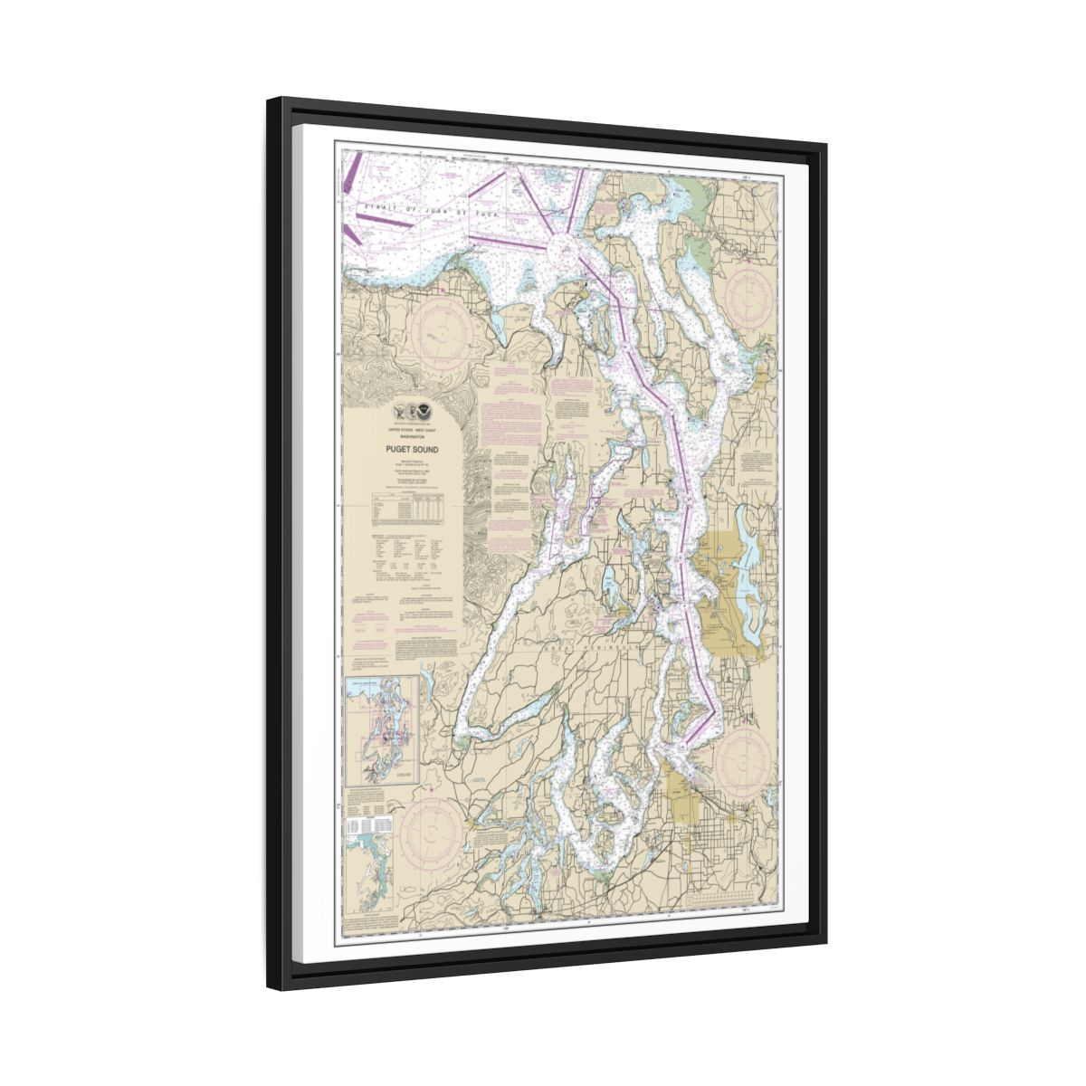 Chart 18440 Puget Sound - NOAA Nautical Chart Floating Frame Canvas | 24" x 32" | 30" x 40" - Black side