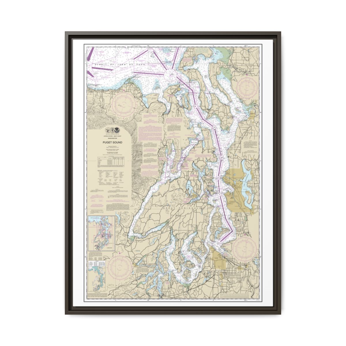 Chart 18440 Puget Sound - NOAA Nautical Chart Floating Frame Canvas | 24" x 32" | 30" x 40" - Espresso front