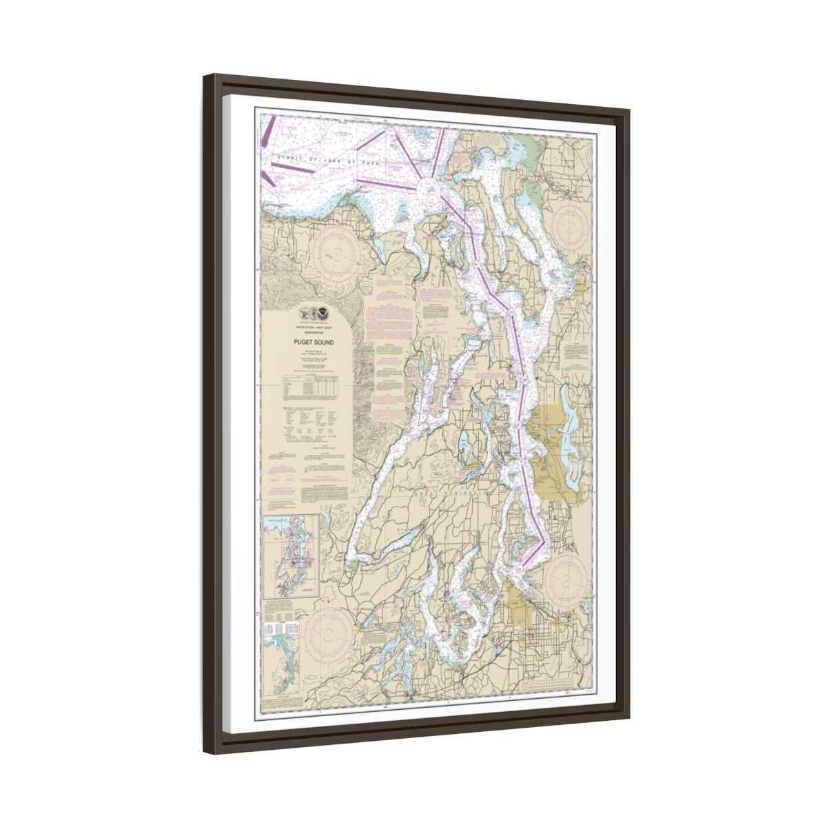 Chart 18440 Puget Sound - NOAA Nautical Chart Floating Frame Canvas | 24" x 32" | 30" x 40" - Espresso side