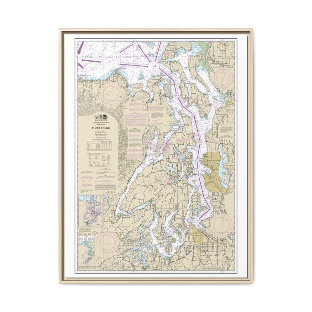 Chart 18440 Puget Sound - NOAA Nautical Chart Floating Frame Canvas | 24" x 32" | 30" x 40" - Natural front