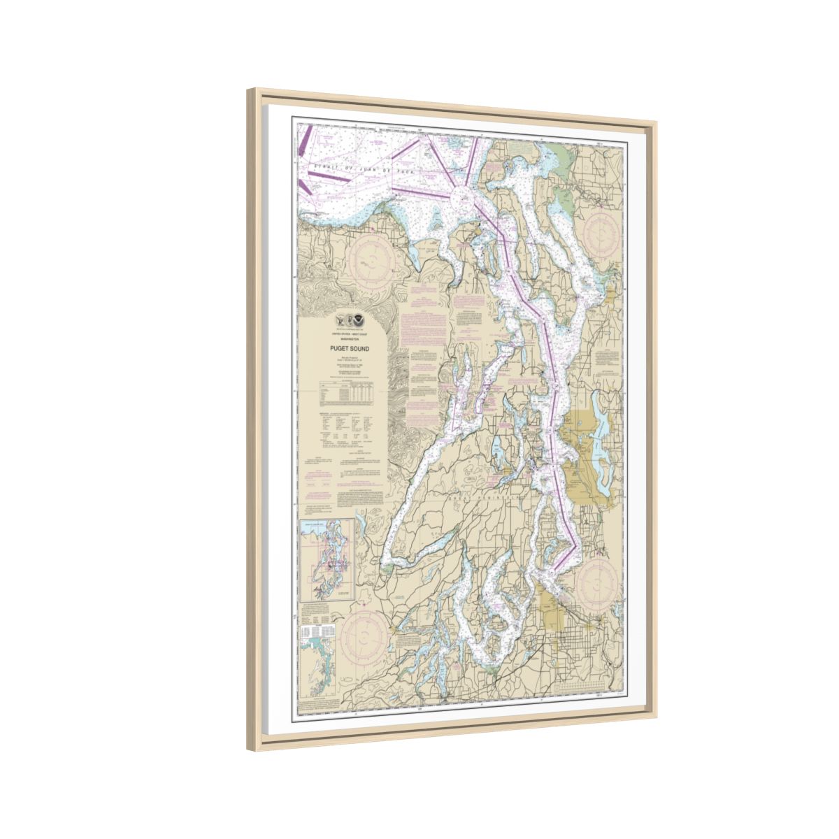 Chart 18440 Puget Sound - NOAA Nautical Chart Floating Frame Canvas | 24" x 32" | 30" x 40" - Natural side