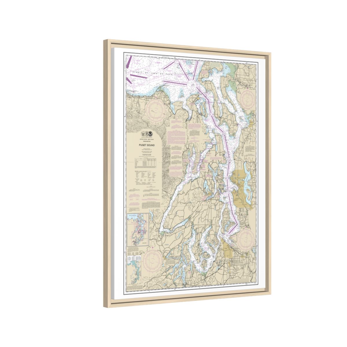Chart 18440 Puget Sound - NOAA Nautical Chart Floating Frame Canvas | 24" x 32" | 30" x 40" - Natural side