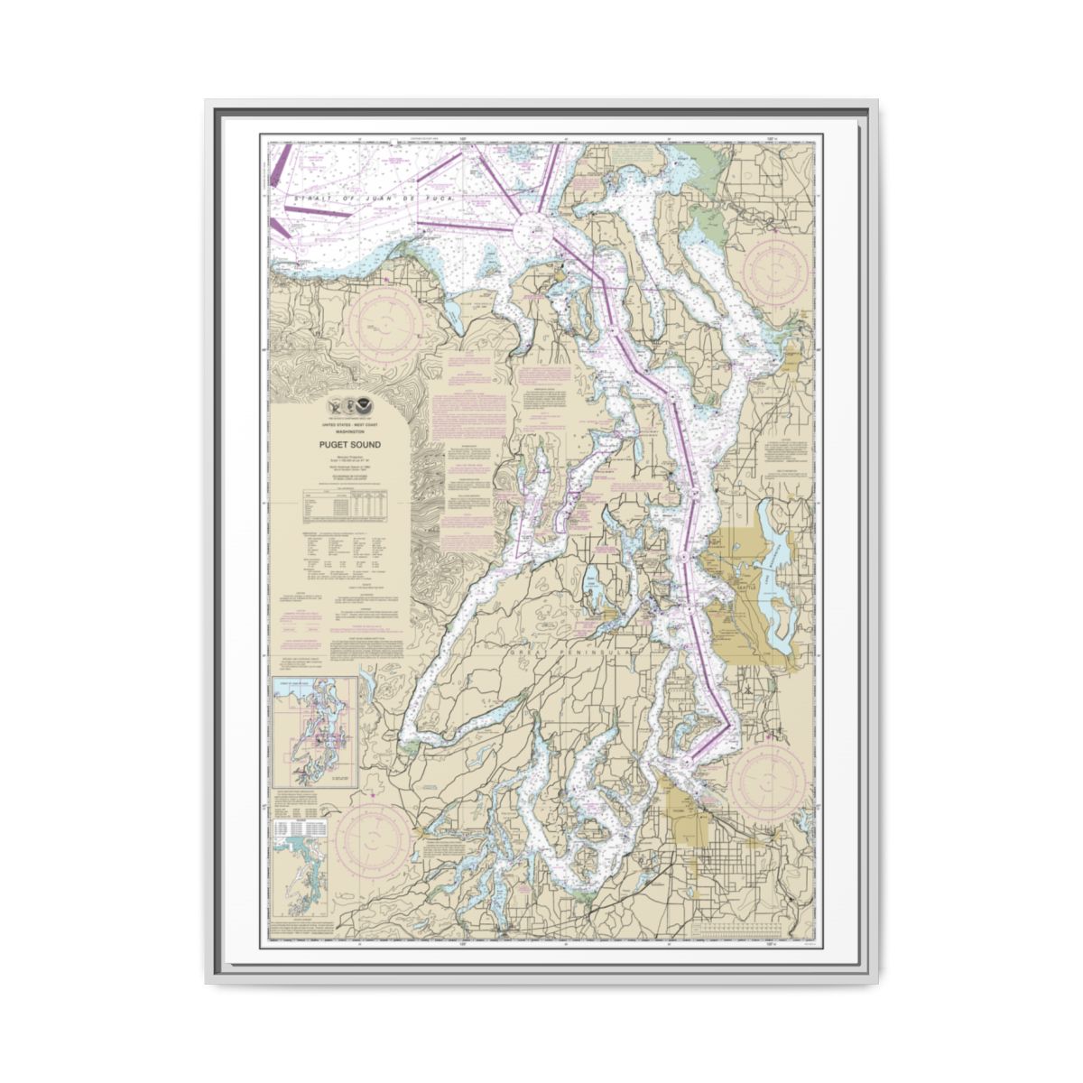 Chart 18440 Puget Sound - NOAA Nautical Chart Floating Frame Canvas | 24" x 32" | 30" x 40" - White front
