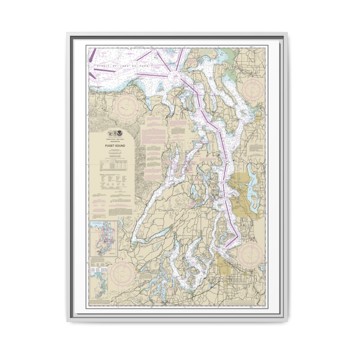 Chart 18440 Puget Sound - NOAA Nautical Chart Floating Frame Canvas | 24" x 32" | 30" x 40" - White front