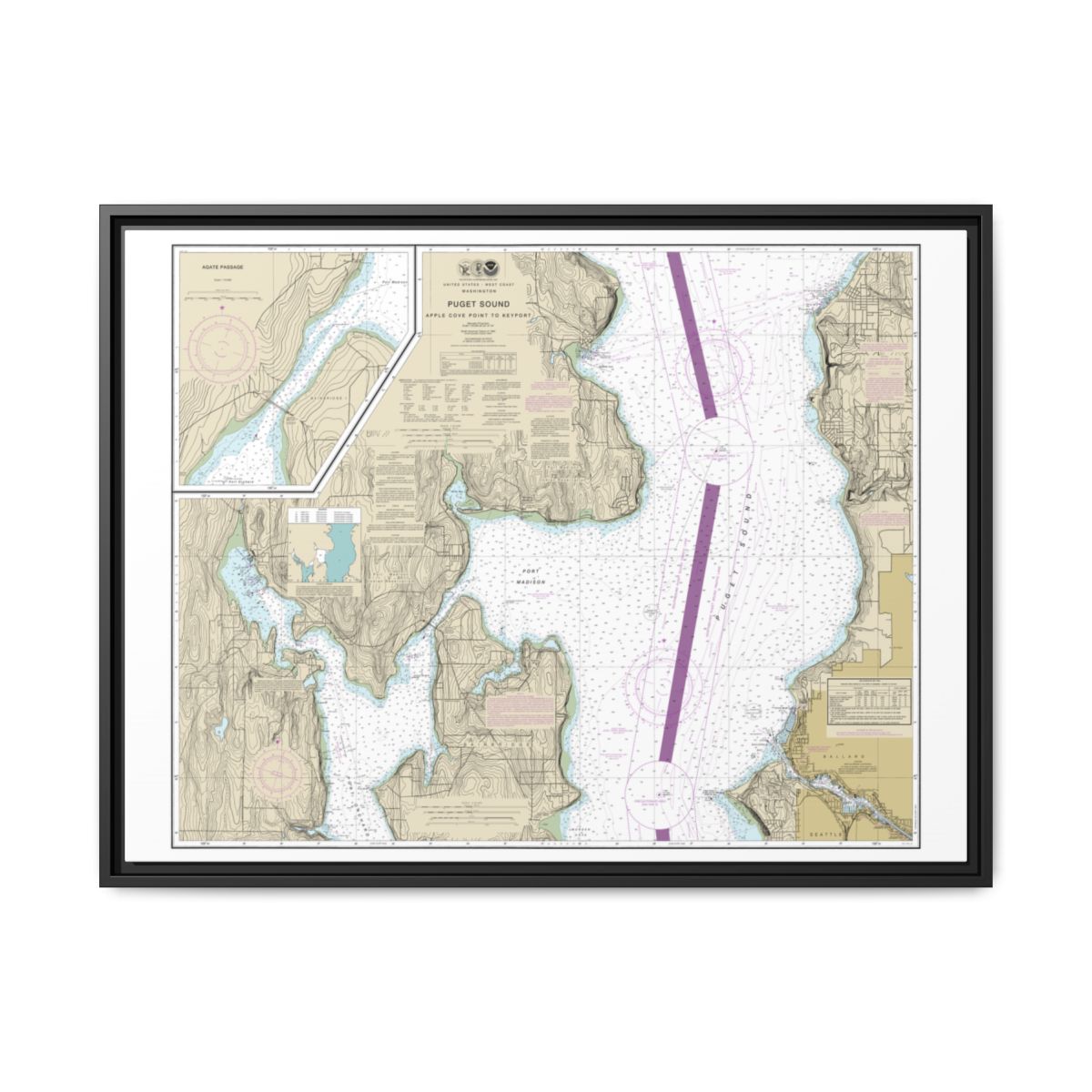Chart 18446 Puget Sound-Apple Cove Point to Keyport;Agate Passage - NOAA Nautical Chart Floating Frame Canvas | 32" x 24" | 40" x 30" - Black front