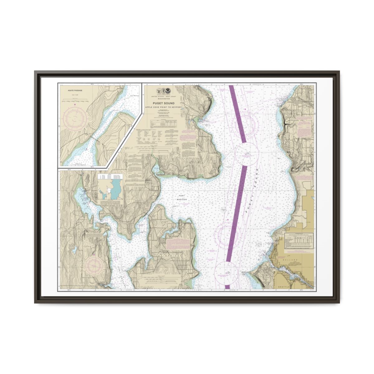 Chart 18446 Puget Sound-Apple Cove Point to Keyport;Agate Passage - NOAA Nautical Chart Floating Frame Canvas | 32" x 24" | 40" x 30" - Espresso front