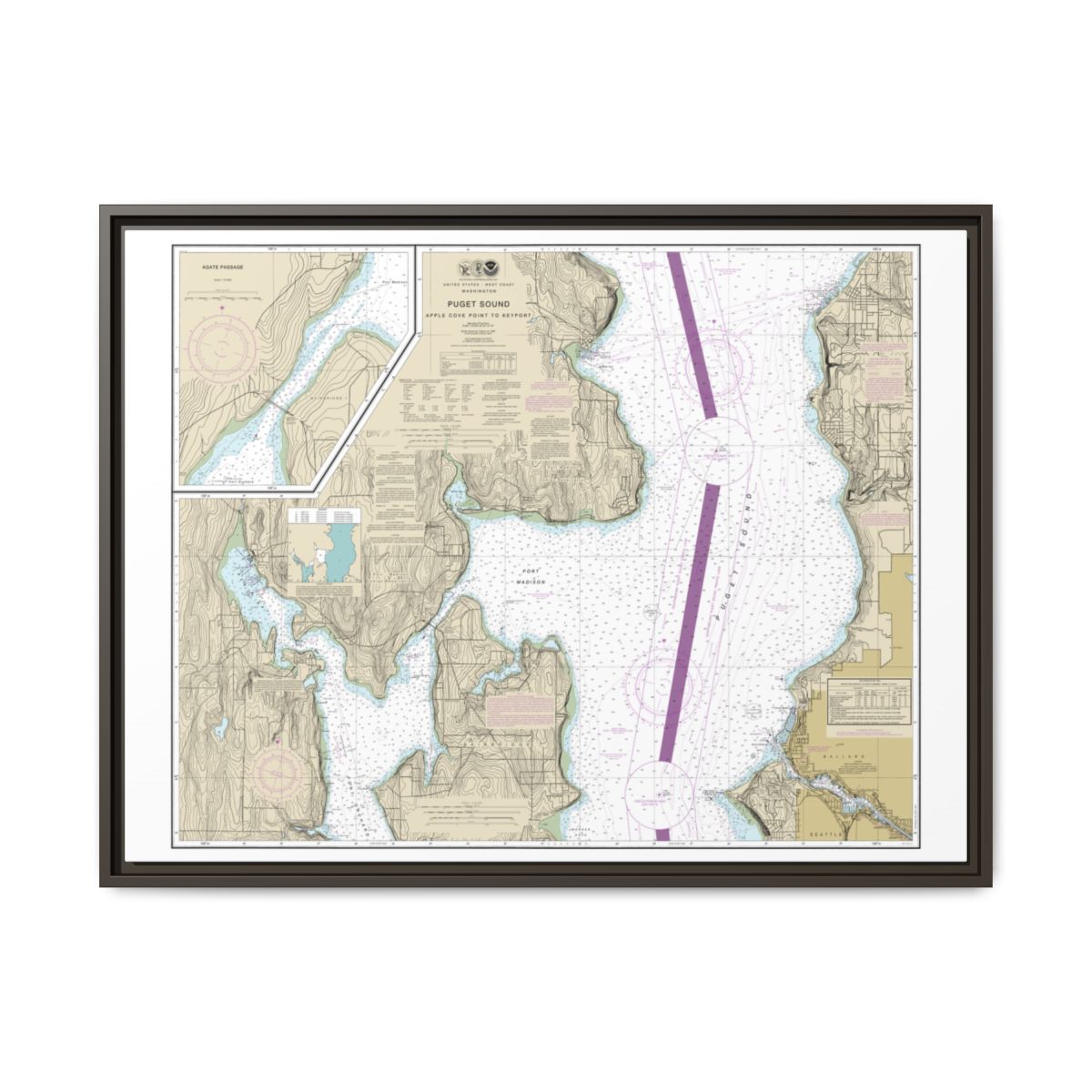 Chart 18446 Puget Sound-Apple Cove Point to Keyport;Agate Passage - NOAA Nautical Chart Floating Frame Canvas | 32" x 24" | 40" x 30" - Espresso front