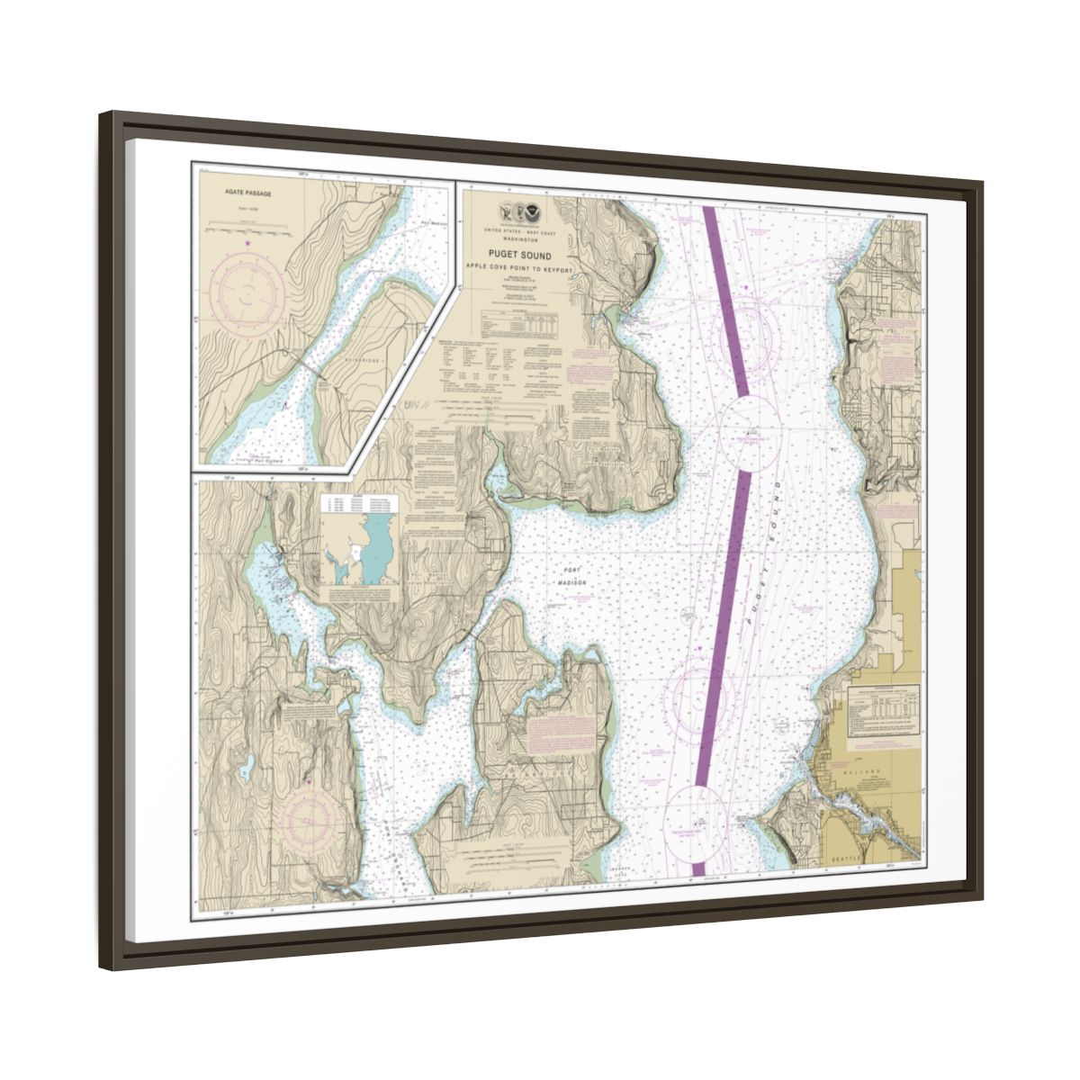 Chart 18446 Puget Sound-Apple Cove Point to Keyport;Agate Passage - NOAA Nautical Chart Floating Frame Canvas | 32" x 24" | 40" x 30" - Espresso side