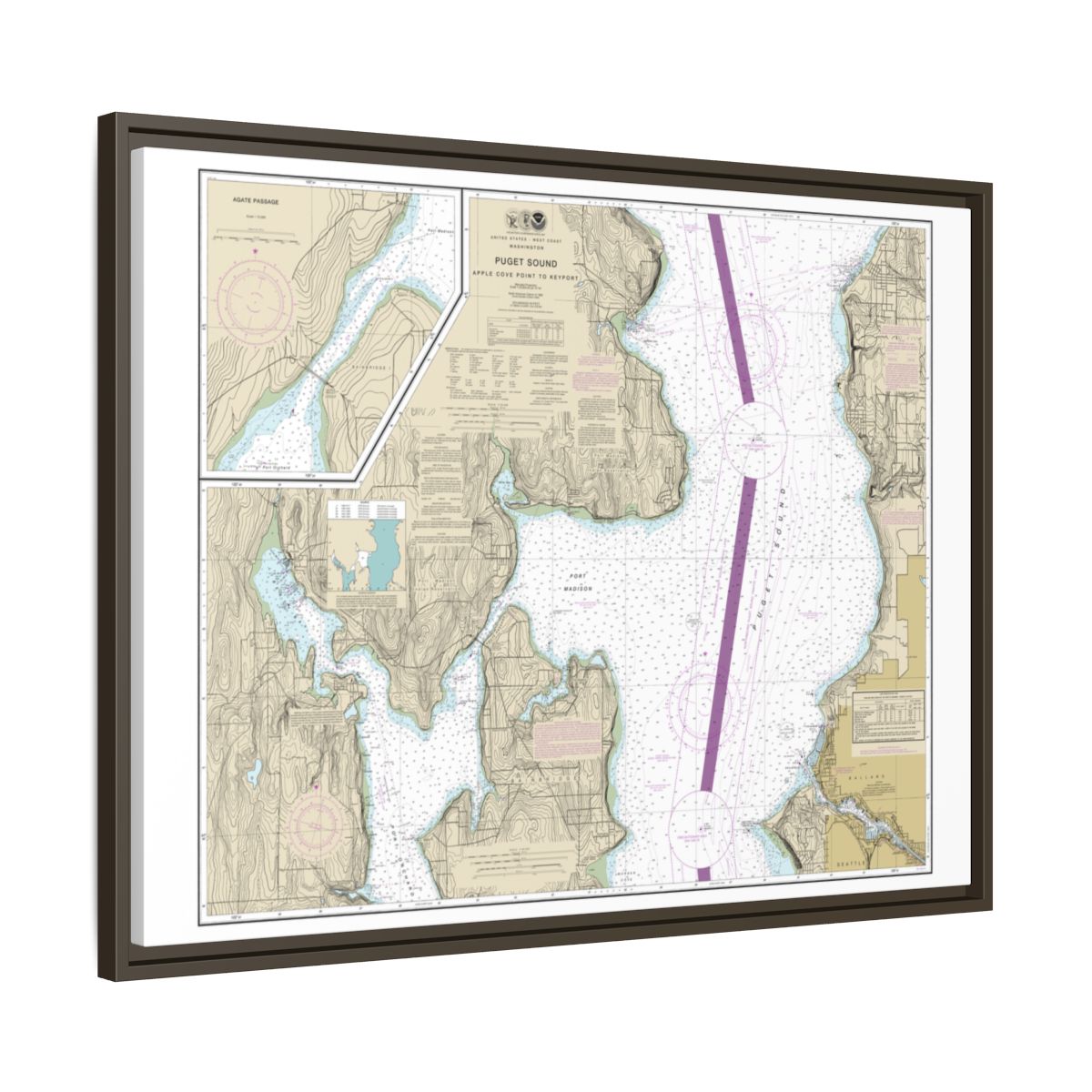 Chart 18446 Puget Sound-Apple Cove Point to Keyport;Agate Passage - NOAA Nautical Chart Floating Frame Canvas | 32" x 24" | 40" x 30" - Espresso side