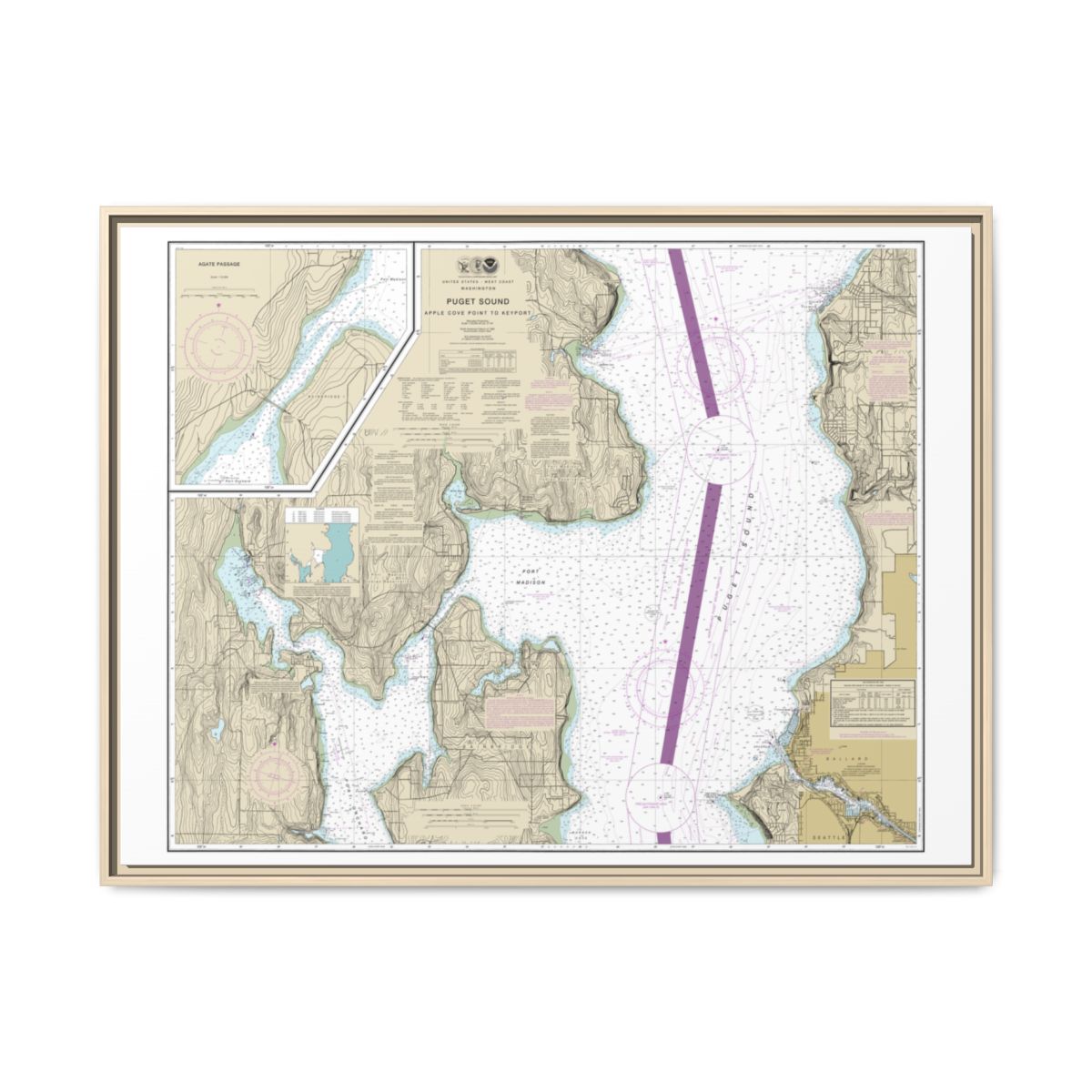 Chart 18446 Puget Sound-Apple Cove Point to Keyport;Agate Passage - NOAA Nautical Chart Floating Frame Canvas | 32" x 24" | 40" x 30" - Natural front