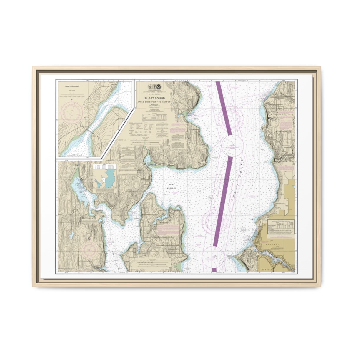 Chart 18446 Puget Sound-Apple Cove Point to Keyport;Agate Passage - NOAA Nautical Chart Floating Frame Canvas | 32" x 24" | 40" x 30" - Natural front