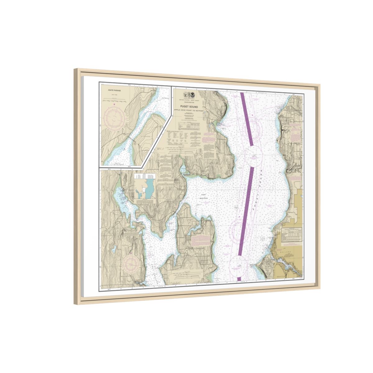 Chart 18446 Puget Sound-Apple Cove Point to Keyport;Agate Passage - NOAA Nautical Chart Floating Frame Canvas | 32" x 24" | 40" x 30" - Natural side