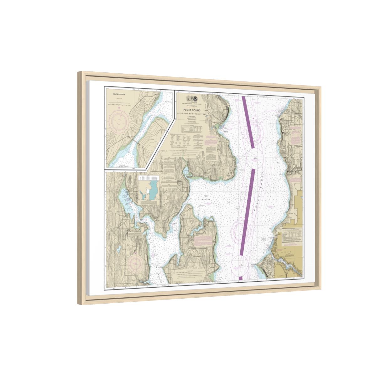 Chart 18446 Puget Sound-Apple Cove Point to Keyport;Agate Passage - NOAA Nautical Chart Floating Frame Canvas | 32" x 24" | 40" x 30" - Natural side