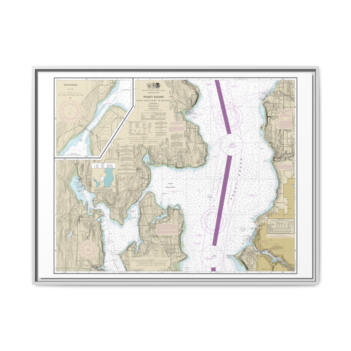 Chart 18446 Puget Sound-Apple Cove Point to Keyport;Agate Passage - NOAA Nautical Chart Floating Frame Canvas | 32" x 24" | 40" x 30" - White front