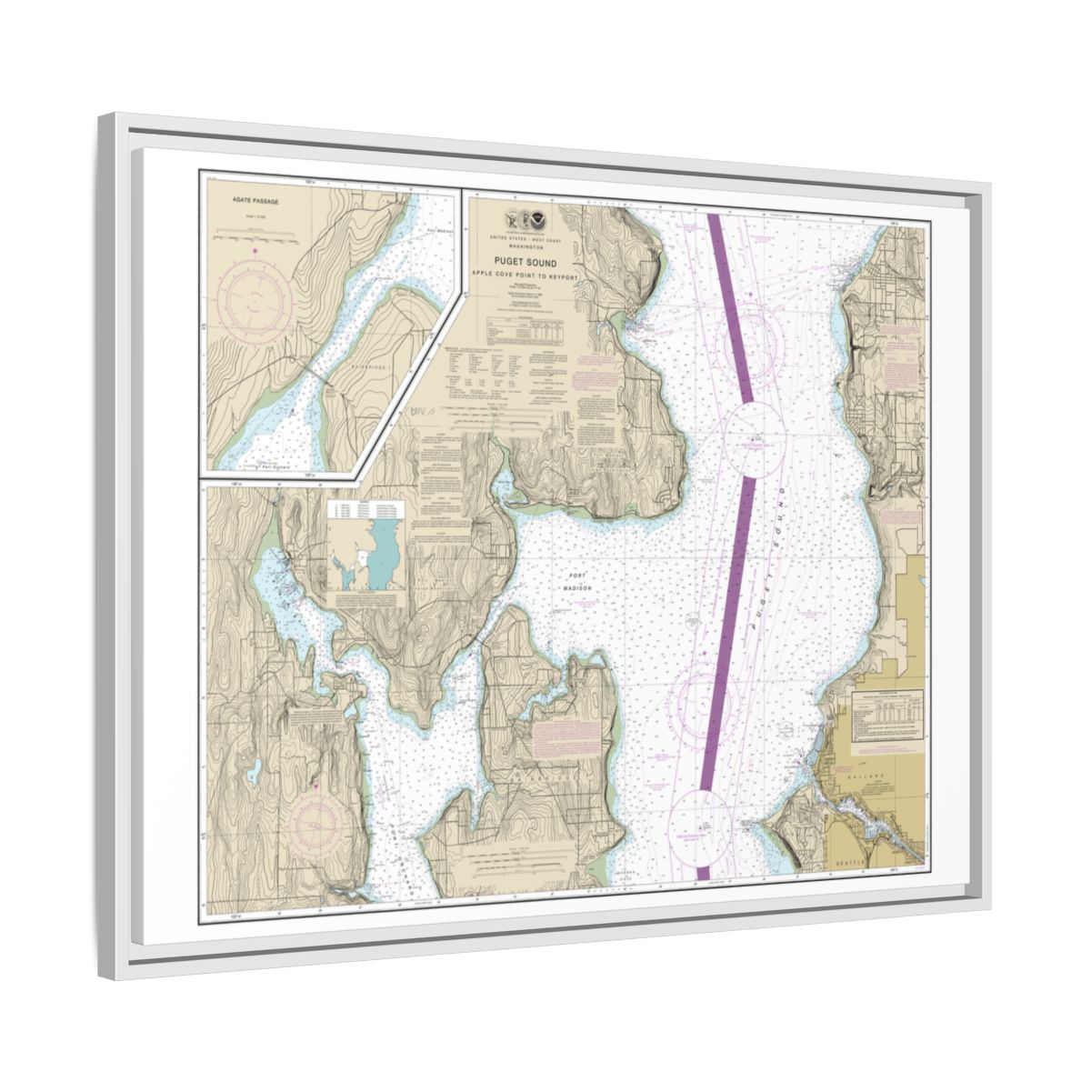 Chart 18446 Puget Sound-Apple Cove Point to Keyport;Agate Passage - NOAA Nautical Chart Floating Frame Canvas | 32" x 24" | 40" x 30" - White side