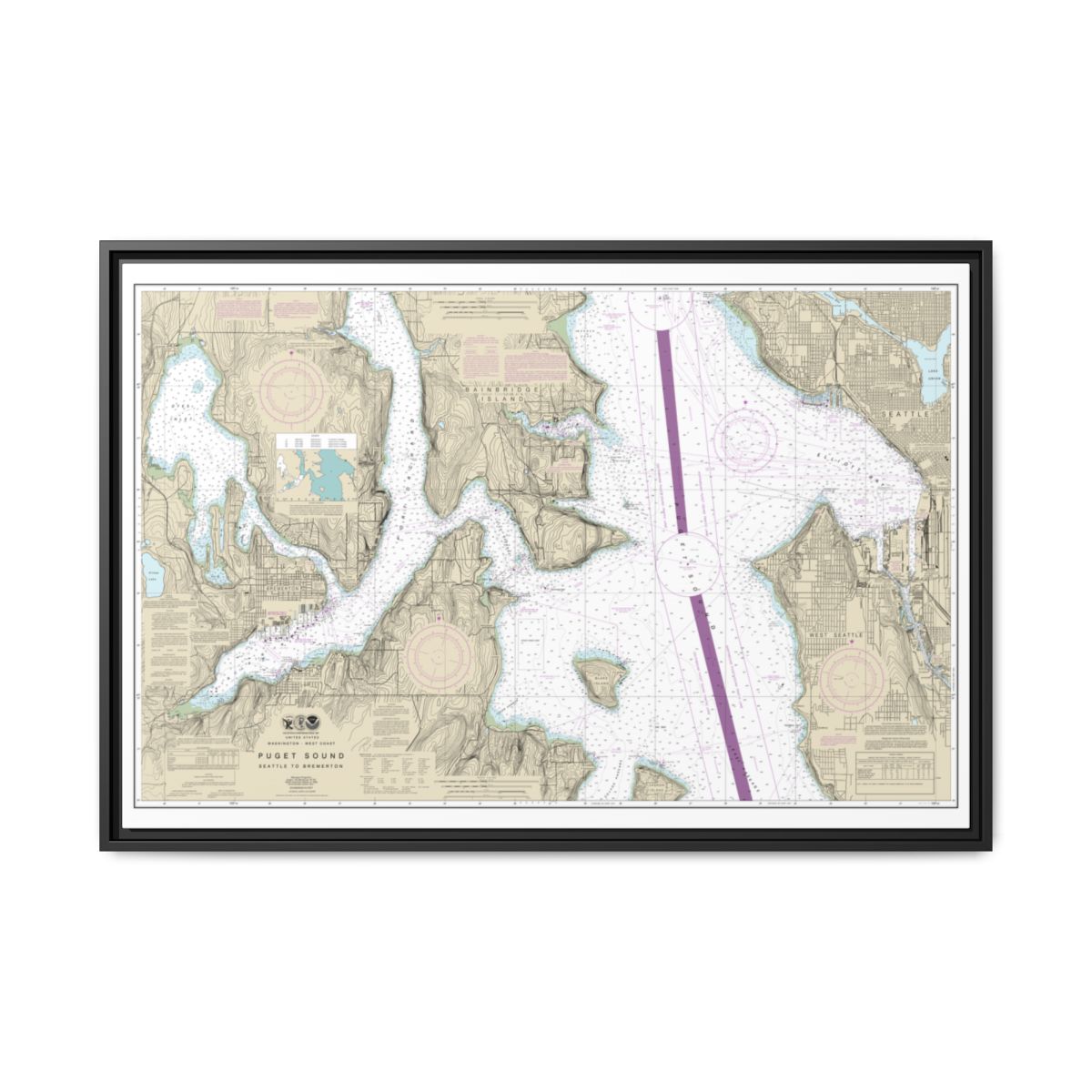 Chart 18449 Puget Sound-Seattle to Bremerton - NOAA Nautical Chart Floating Frame Canvas | 30" x 20" | 36" x 24" | 48" x 32" - Black front