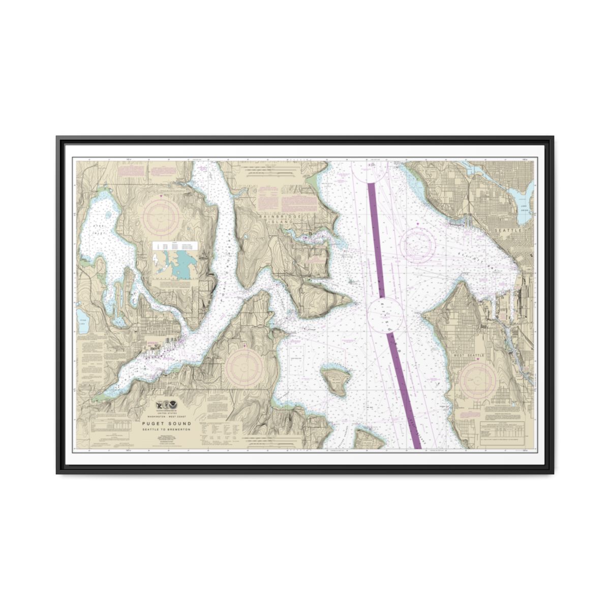 Chart 18449 Puget Sound-Seattle to Bremerton - NOAA Nautical Chart Floating Frame Canvas | 30" x 20" | 36" x 24" | 48" x 32" - Black front