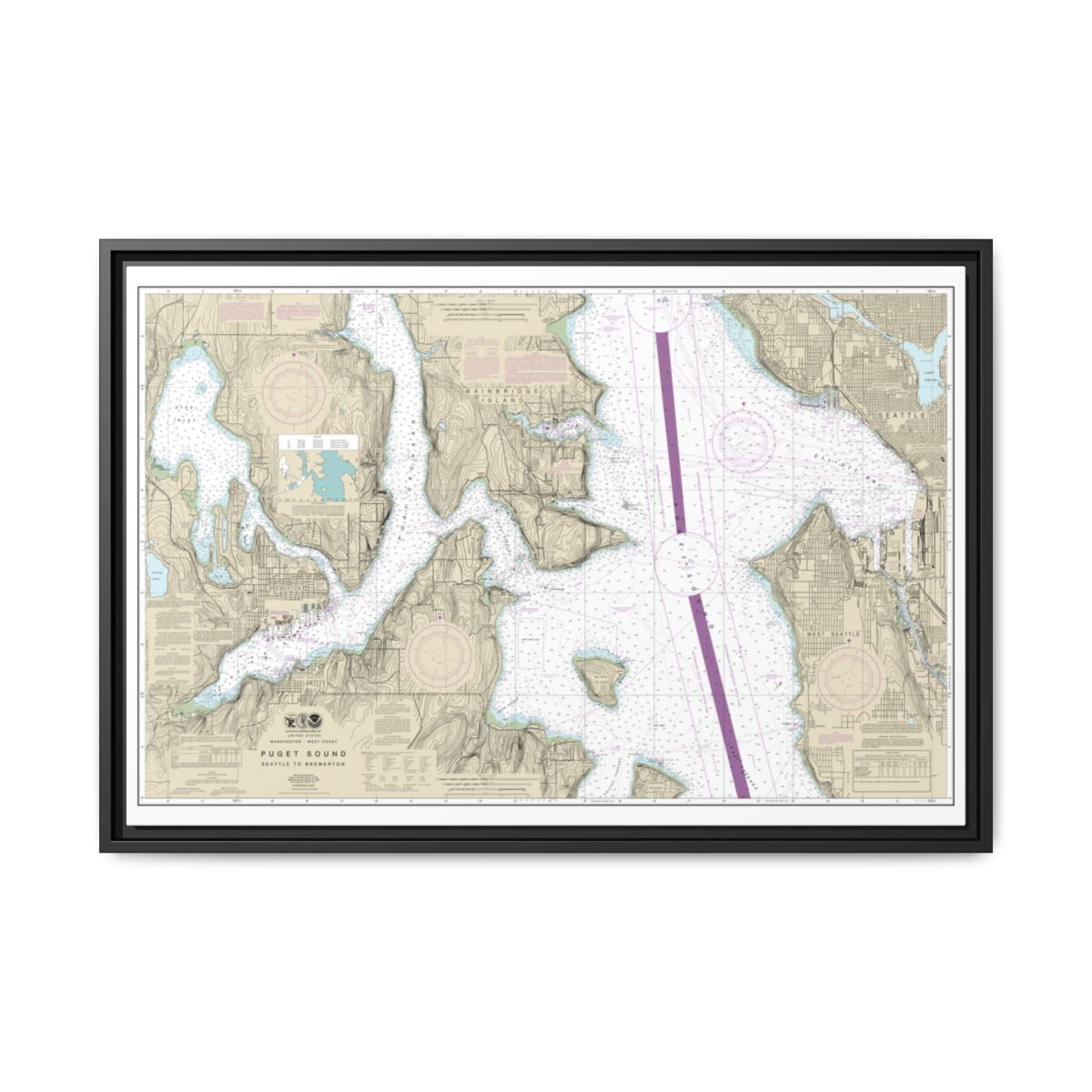 Chart 18449 Puget Sound-Seattle to Bremerton - NOAA Nautical Chart Floating Frame Canvas | 30" x 20" | 36" x 24" | 48" x 32" - Black front