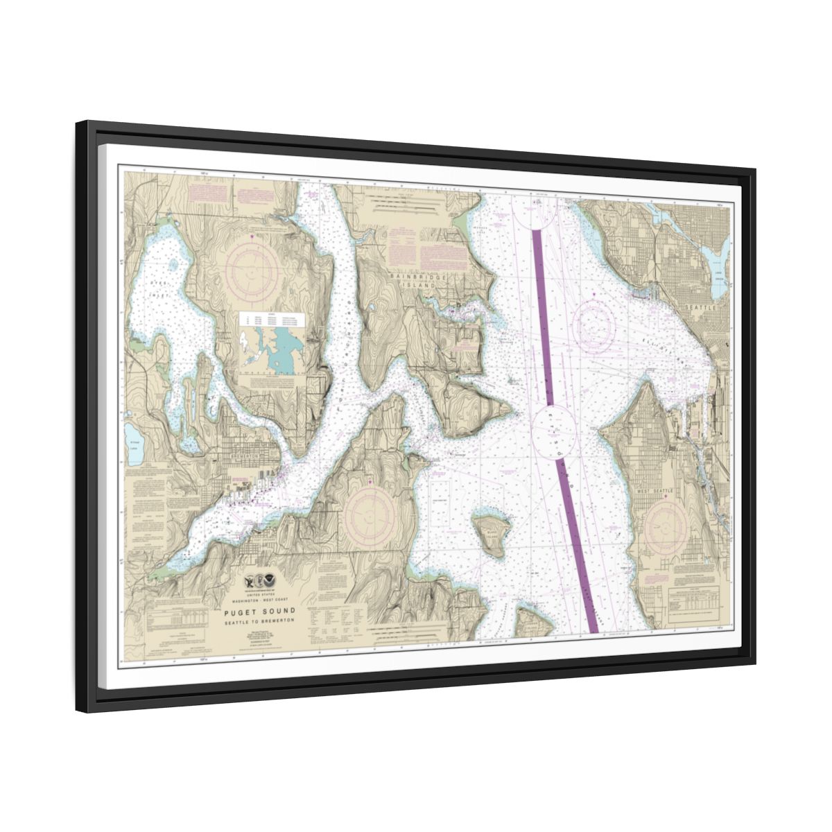 Chart 18449 Puget Sound-Seattle to Bremerton - NOAA Nautical Chart Floating Frame Canvas | 30" x 20" | 36" x 24" | 48" x 32" - Black side