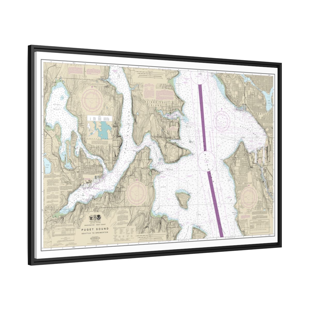 Chart 18449 Puget Sound-Seattle to Bremerton - NOAA Nautical Chart Floating Frame Canvas | 30" x 20" | 36" x 24" | 48" x 32" - Black side