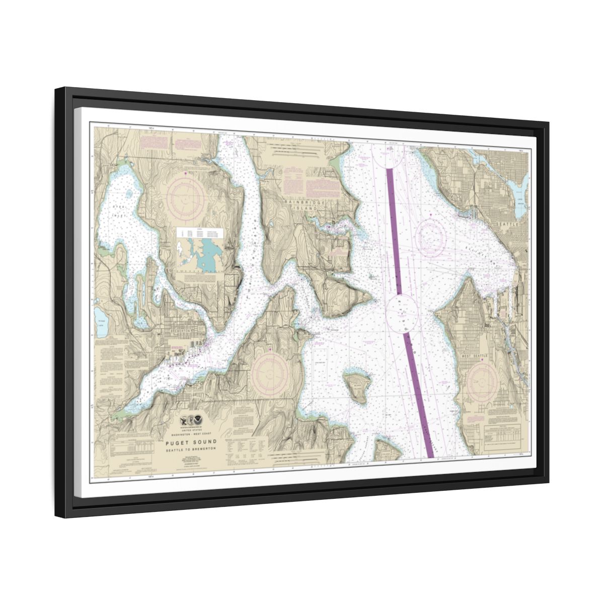 Chart 18449 Puget Sound-Seattle to Bremerton - NOAA Nautical Chart Floating Frame Canvas | 30" x 20" | 36" x 24" | 48" x 32" - Black side