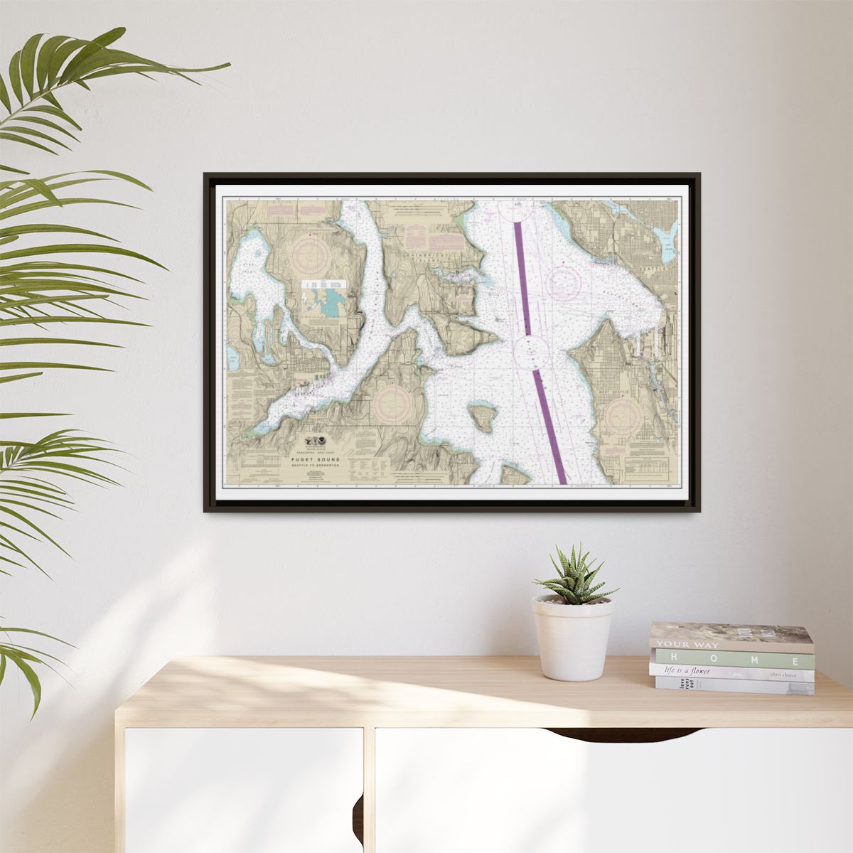 Chart 18449 Puget Sound-Seattle to Bremerton - NOAA Nautical Chart Floating Frame Canvas | 30" x 20" | 36" x 24" | 48" x 32" - Espresso context-1