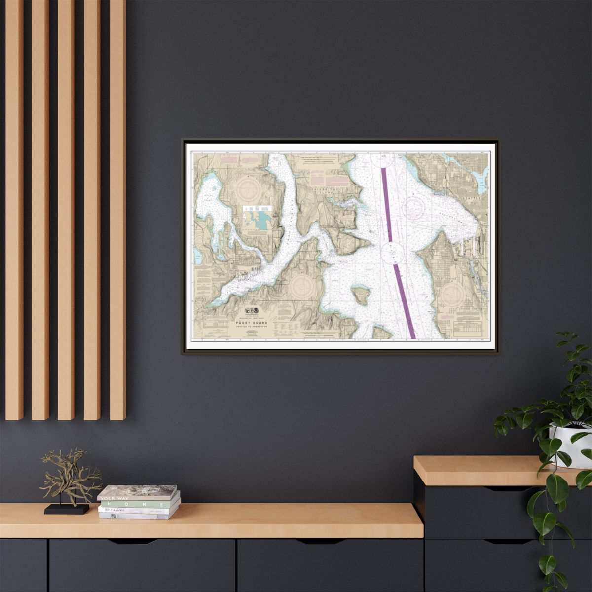 Chart 18449 Puget Sound-Seattle to Bremerton - NOAA Nautical Chart Floating Frame Canvas | 30" x 20" | 36" x 24" | 48" x 32" - Espresso context-2