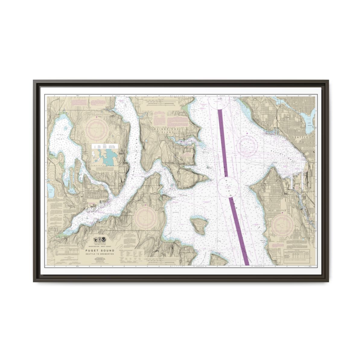 Chart 18449 Puget Sound-Seattle to Bremerton - NOAA Nautical Chart Floating Frame Canvas | 30" x 20" | 36" x 24" | 48" x 32" - Espresso front