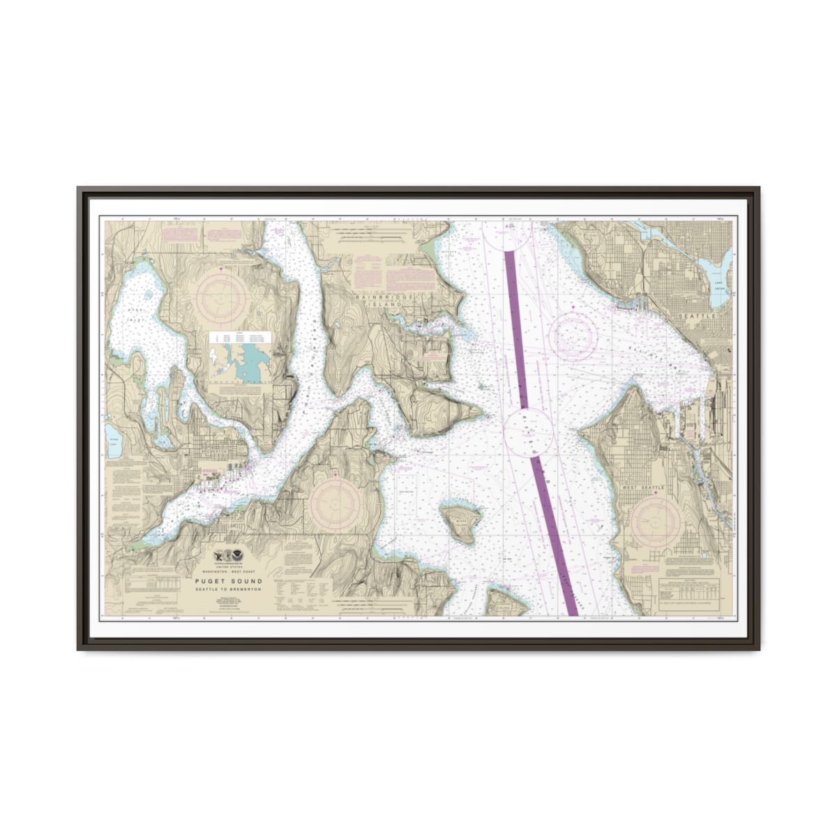 Chart 18449 Puget Sound-Seattle to Bremerton - NOAA Nautical Chart Floating Frame Canvas | 30" x 20" | 36" x 24" | 48" x 32" - Espresso front
