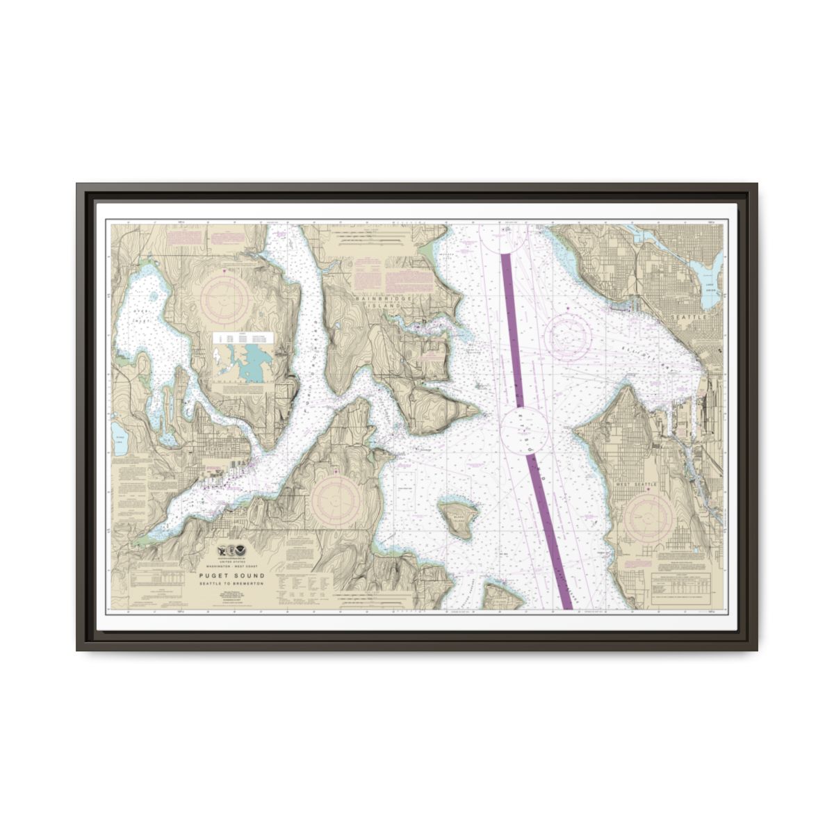Chart 18449 Puget Sound-Seattle to Bremerton - NOAA Nautical Chart Floating Frame Canvas | 30" x 20" | 36" x 24" | 48" x 32" - Espresso front