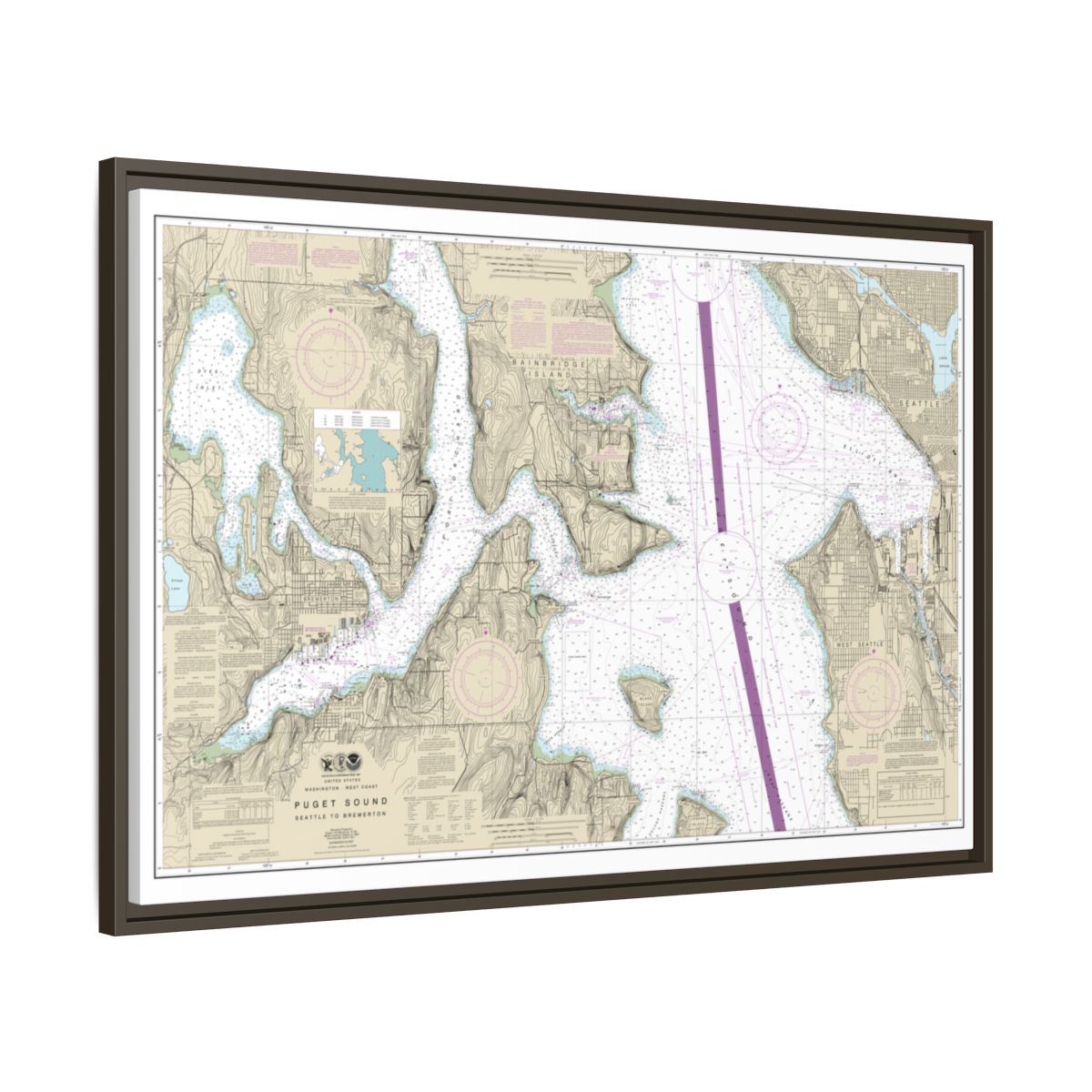Chart 18449 Puget Sound-Seattle to Bremerton - NOAA Nautical Chart Floating Frame Canvas | 30" x 20" | 36" x 24" | 48" x 32" - Espresso side