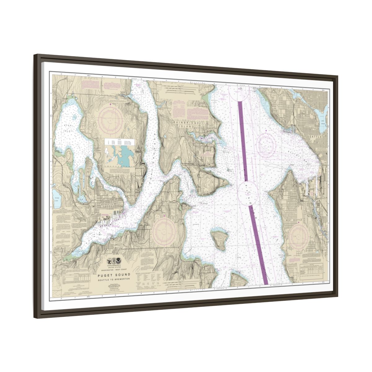 Chart 18449 Puget Sound-Seattle to Bremerton - NOAA Nautical Chart Floating Frame Canvas | 30" x 20" | 36" x 24" | 48" x 32" - Espresso side