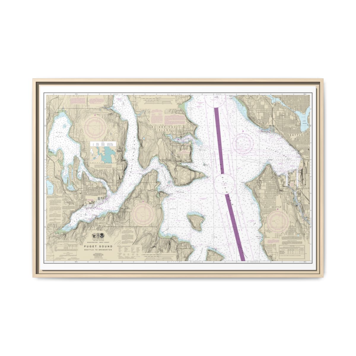Chart 18449 Puget Sound-Seattle to Bremerton - NOAA Nautical Chart Floating Frame Canvas | 30" x 20" | 36" x 24" | 48" x 32" - Natural front
