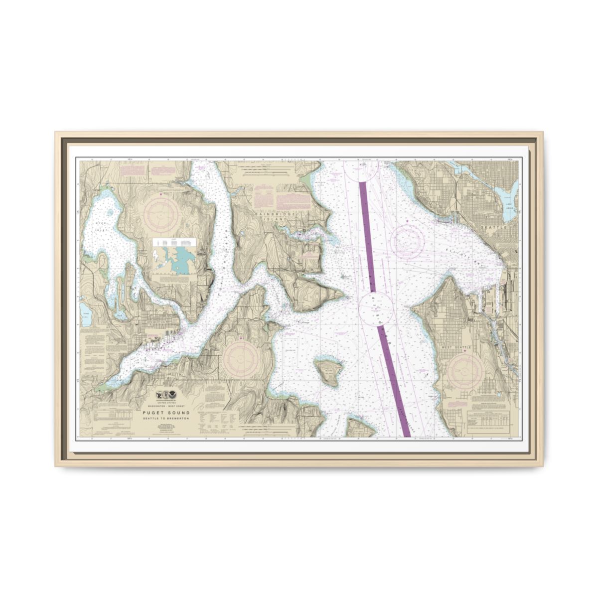 Chart 18449 Puget Sound-Seattle to Bremerton - NOAA Nautical Chart Floating Frame Canvas | 30" x 20" | 36" x 24" | 48" x 32" - Natural front