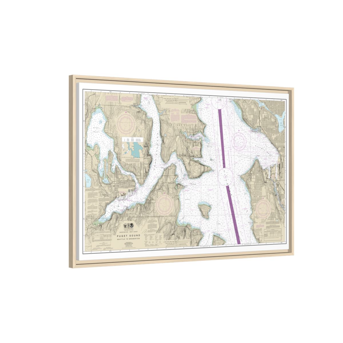 Chart 18449 Puget Sound-Seattle to Bremerton - NOAA Nautical Chart Floating Frame Canvas | 30" x 20" | 36" x 24" | 48" x 32" - Natural side